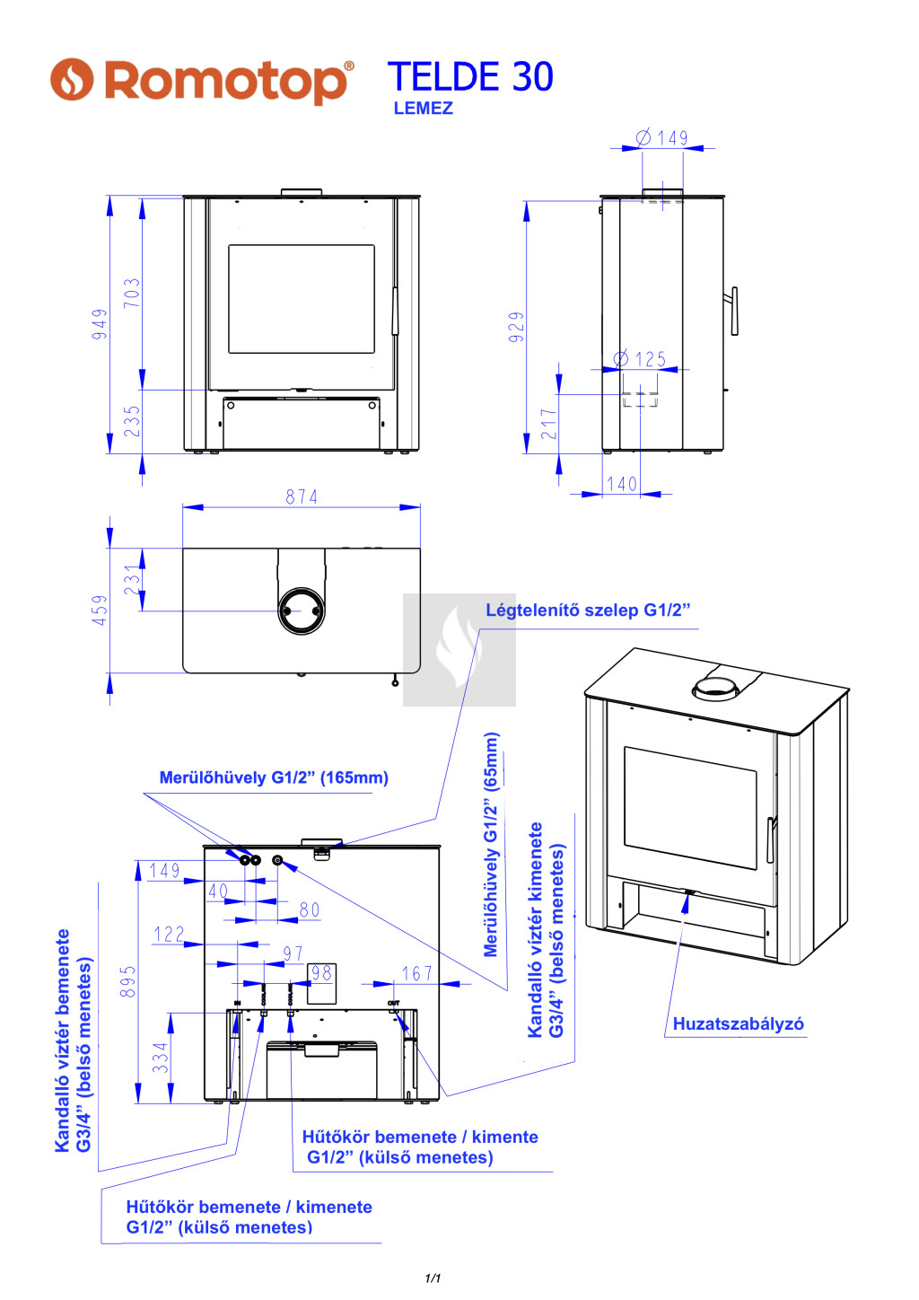 Romotop TELDE lemez Vízteres kandallókályha